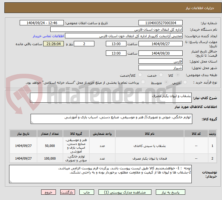 تصویر کوچک آگهی بشقاب و لیوان یکبار مصرف