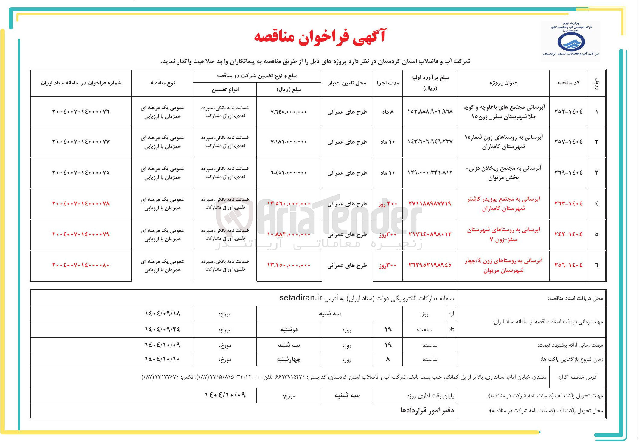 تصویر کوچک آگهی ابرسانی مجتمع های با غلوچه و کوچه طلا شهرستان سقز زون ۱۵