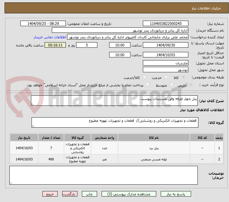تصویر کوچک آگهی پنل چهار طرفه وفق مستندات پیوست