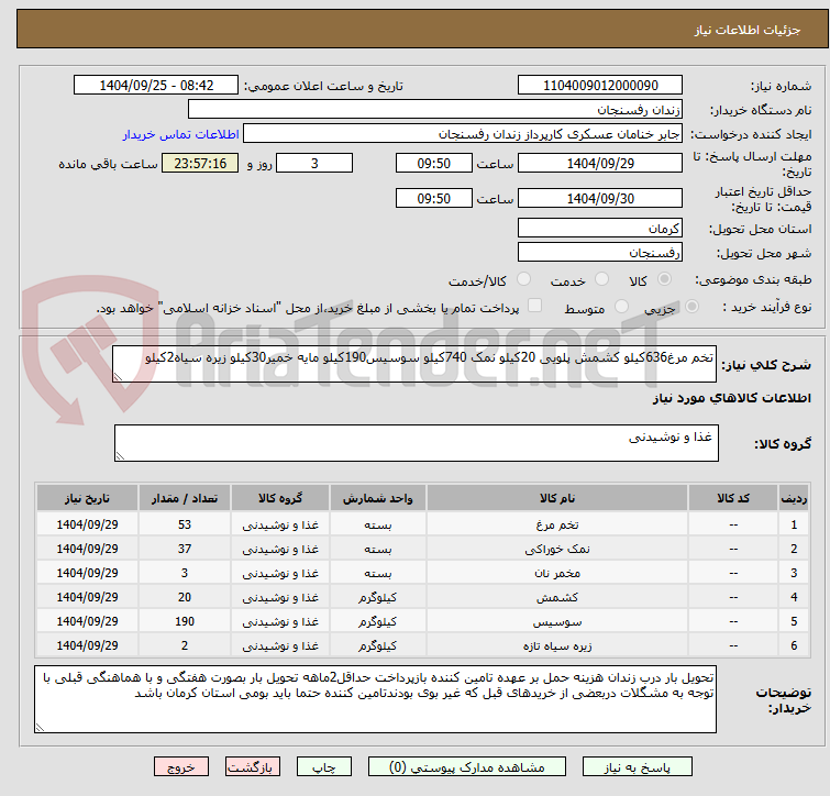 تصویر کوچک آگهی تخم مرغ636کیلو کشمش پلویی 20کیلو نمک 740کیلو سوسیس190کیلو مایه خمیر30کیلو زیره سیاه2کیلو