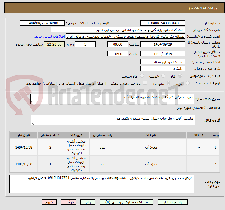 تصویر کوچک آگهی خرید مصرفی شبکه بهداشت شهرستان راسک