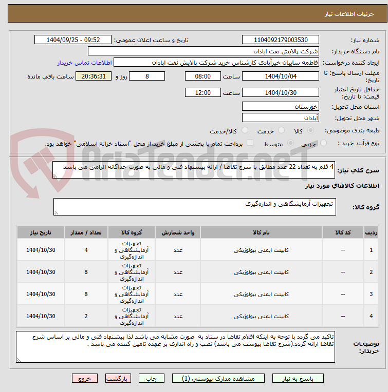 تصویر کوچک آگهی 4 قلم به تعداد 22 عدد مطابق با شرح تقاضا / ارائه پیشنهاد فنی و مالی به صورت جداگانه الزامی می باشد