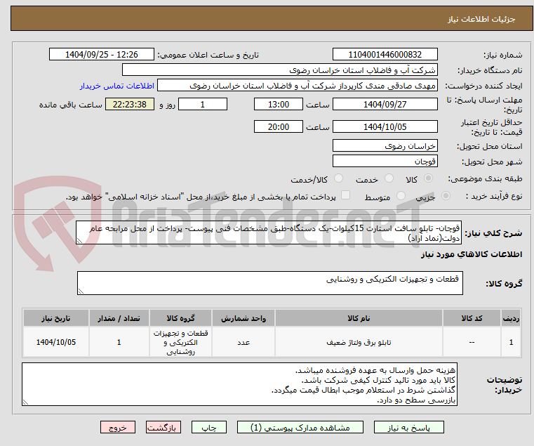 تصویر کوچک آگهی قوچان- تابلو سافت استارت 15کیلوات-یک دستگاه-طبق مشخصات فنی پیوست- پرداخت از محل مرابحه عام دولت(نماد آراد)
