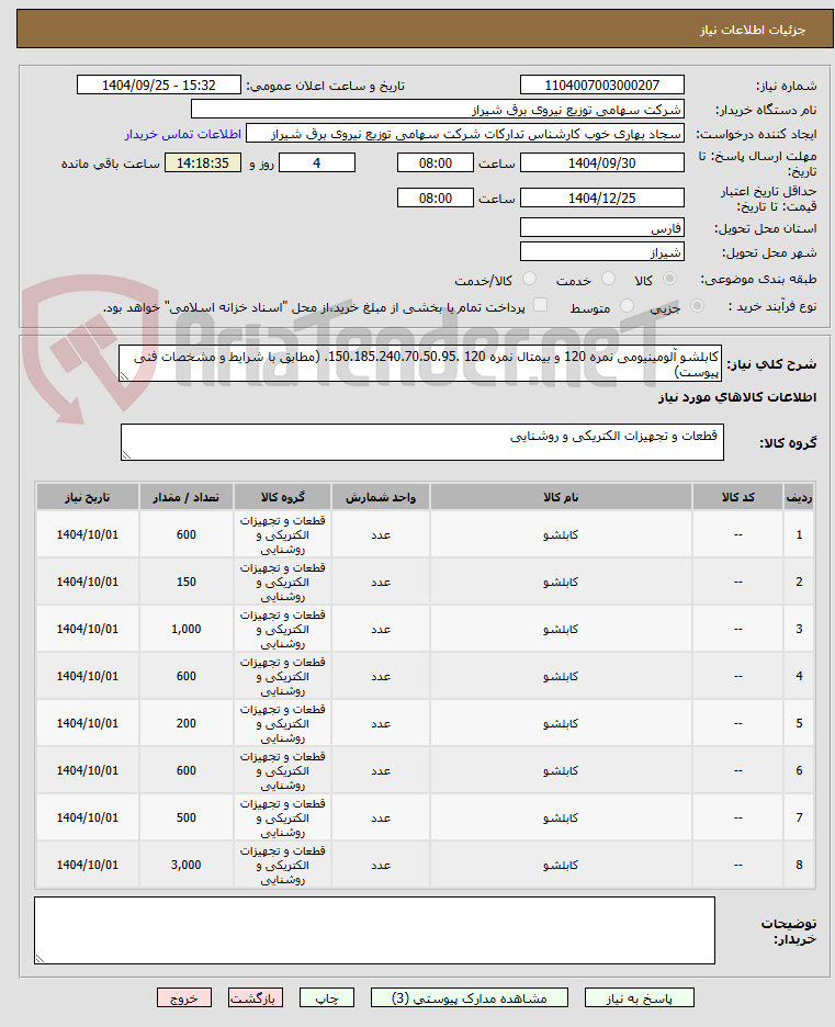 تصویر کوچک آگهی کابلشو آلومینیومی نمره 120 و بیمتال نمره 120 .150.185.240.70.50.95. (مطابق با شرایط و مشخصات فنی پیوست)