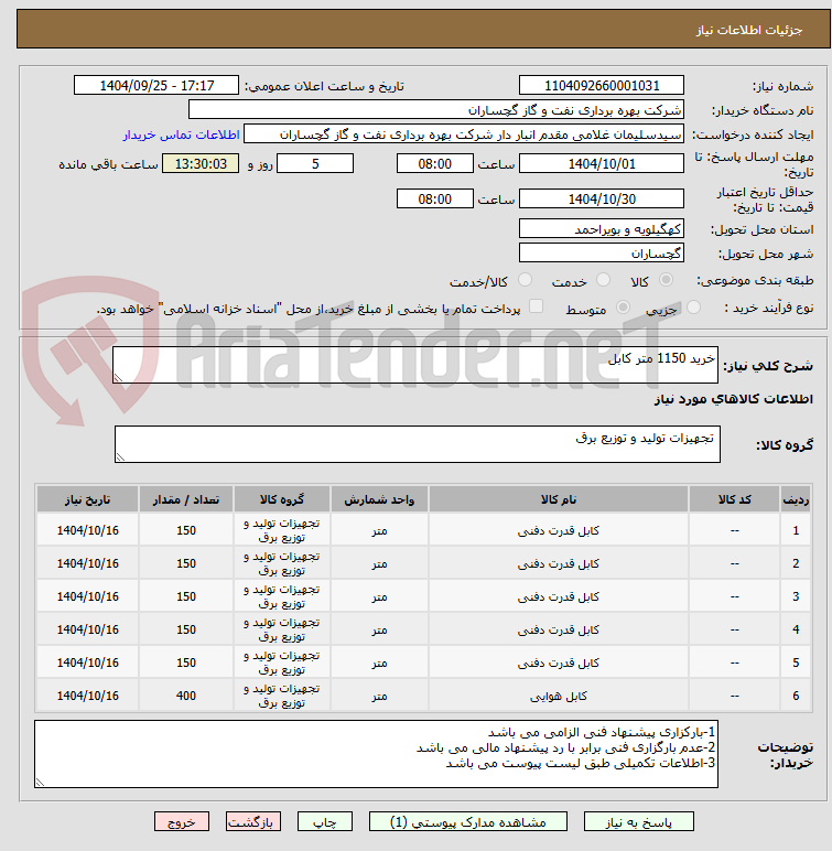 تصویر کوچک آگهی خرید 1150 متر کابل 