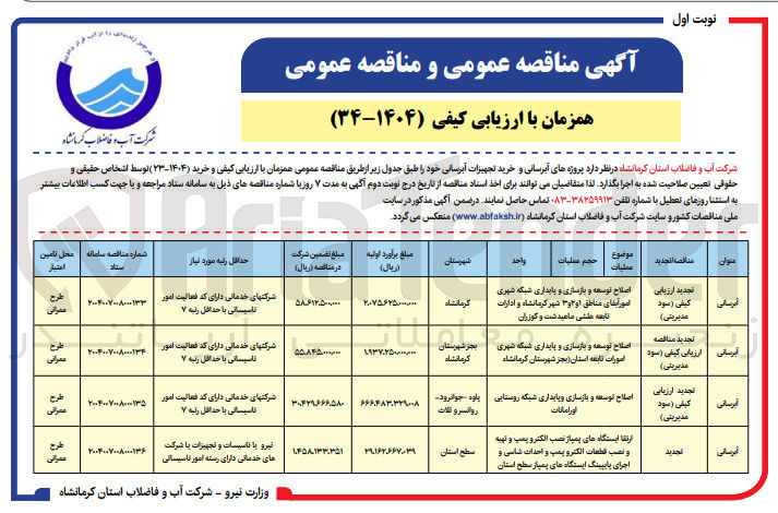 تصویر کوچک آگهی ارتقا ایستگاه های پمپاز نصب الکترو پمپ و تهیه و نصب قطعات الکترو پمپ و احداث شناسی و اجرای پایپینگ ایستگاه های پمپاز سطح استان