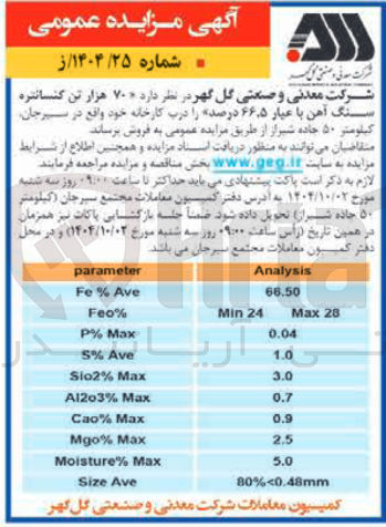 تصویر کوچک آگهی فروش ۷۰ هزار تن کنسانتره سنگ آهن با عیار ۶۶.۵ درصد