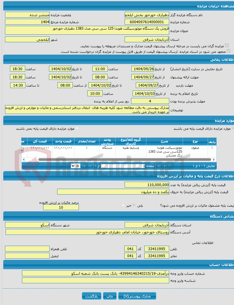 تصویر کوچک آگهی فروش یک دستگاه موتورسیکلت هوندا 125 سی سی مدل 1383 دهیاری خورخور