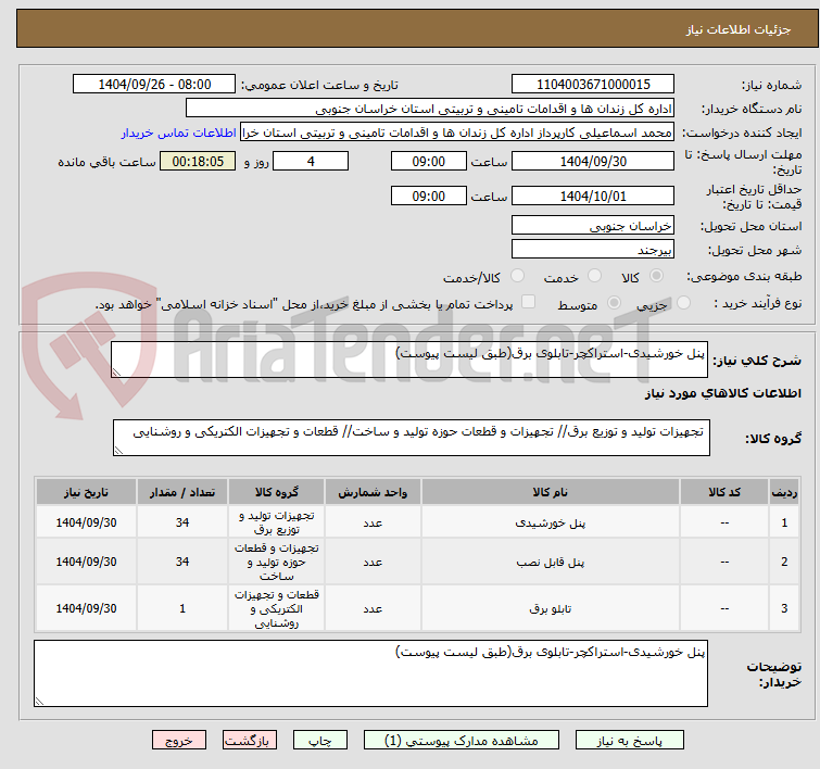 تصویر کوچک آگهی پنل خورشیدی-استراکچر-تابلوی برق(طبق لیست پیوست)