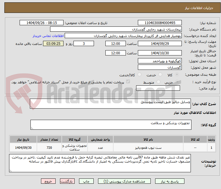 تصویر کوچک آگهی وسایل دیالیز طبق لیست پیوستی