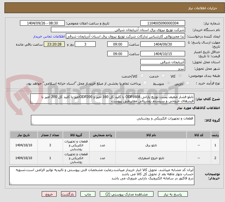 تصویر کوچک آگهی تابلو فشار ضعیف پست توزیع بارانی ODP160A با کلید کل 160 آمپر و ODP200آمپر با کلید کل 200 آمپر با فیدرهای خروجی و سیستم روشنائی معابرطبق پیوست
