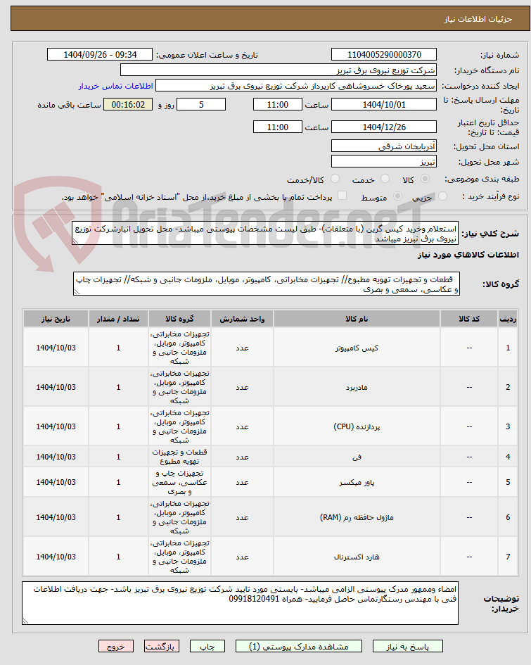 تصویر کوچک آگهی استعلام وخرید کیس گرین (با متعلقات)- طبق لیست مشخصات پیوستی میباشد- محل تحویل انبارشرکت توزیع نیروی برق تبریز میباشد