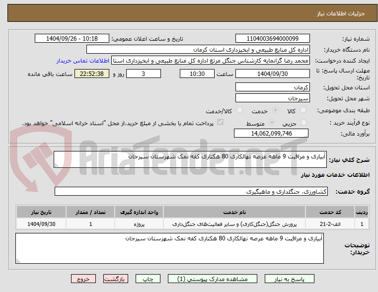 تصویر کوچک آگهی آبیاری و مراقبت 9 ماهه عرصه نهالکاری 80 هکتاری کفه نمک شهرستان سیرجان