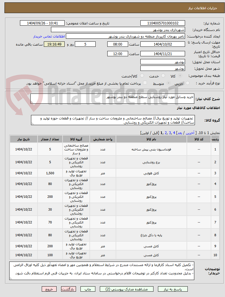 تصویر کوچک آگهی خرید وسایل مورد نیاز روشنایی سطح منطقه دو بندر بوشهر