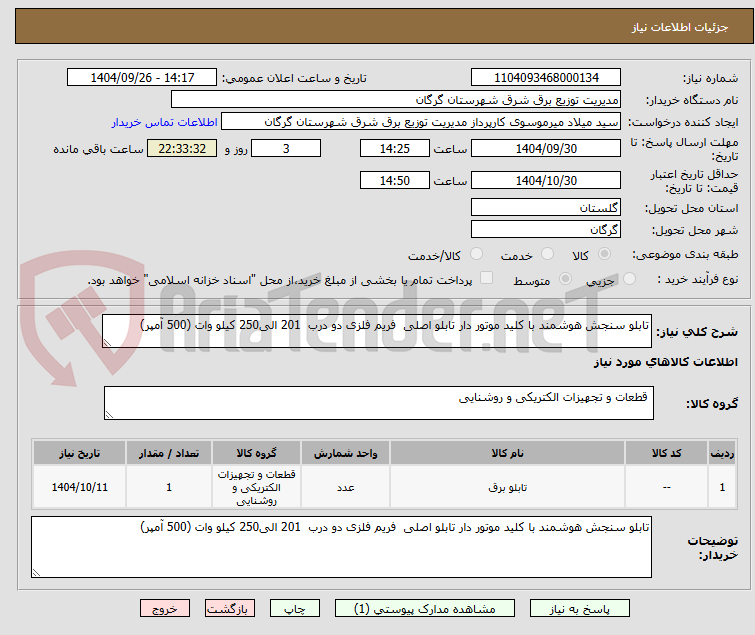 تصویر کوچک آگهی تابلو سنجش هوشمند با کلید موتور دار تابلو اصلی  فریم فلزی دو درب  201 الی250 کیلو وات (500 آمپر)
