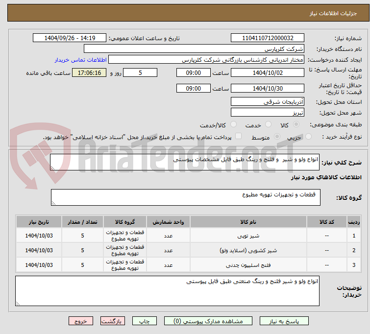 تصویر کوچک آگهی انواع ولو و شیر  و فلنج و رینگ طبق فایل مشخصات پیوستی