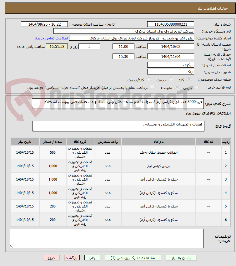 تصویر کوچک آگهی خرید3900 عدد انواع کراس آرم کنسول قائم و تسمه حائل وفق اسناد و مشخصات فنی پیوست استعلام