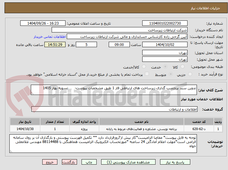 تصویر کوچک آگهی تدوین سند برچسب گذاری زیرساخت های ارتباطی فاز 1 طبق مشخصات پیوست-      تسویه بهار 1405