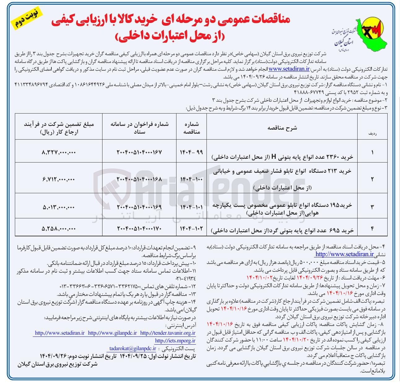 تصویر کوچک آگهی خرید ۱۹۵ دستگاه انواع تابلو عمومی مخصوص پست یکپارچه هوایی