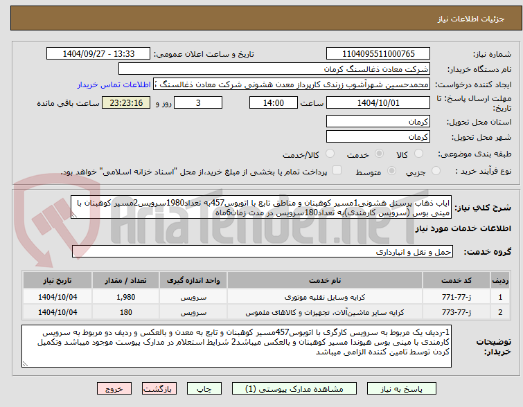 تصویر کوچک آگهی ایاب ذهاب پرسنل هشونی1مسیر کوهبنان و مناطق تابع با اتوبوس457به تعداد1980سرویس2مسیر کوهبنان با مینی بوس (سرویس کارمندی)به تعداد180سرویس در مدت زمان6ماه