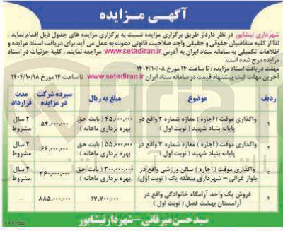 تصویر کوچک آگهی واگذاری موقت ( اجازه ) مغازه شماره ۳ واقع در پایانه بنیاد شهید ( نوبت اول ) 

