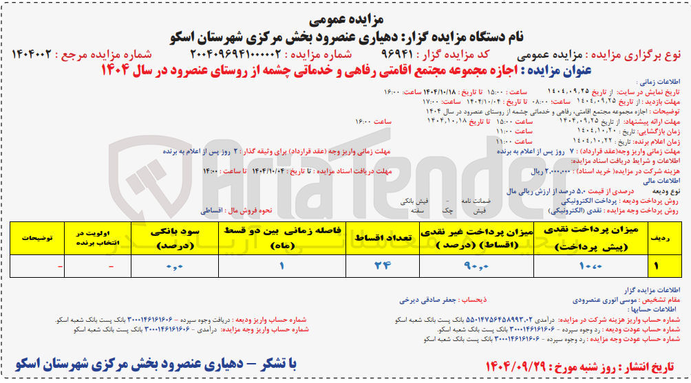 تصویر کوچک آگهی اجازه مجموعه مجتمع اقامتی رفاهی و خدماتی چشمه
