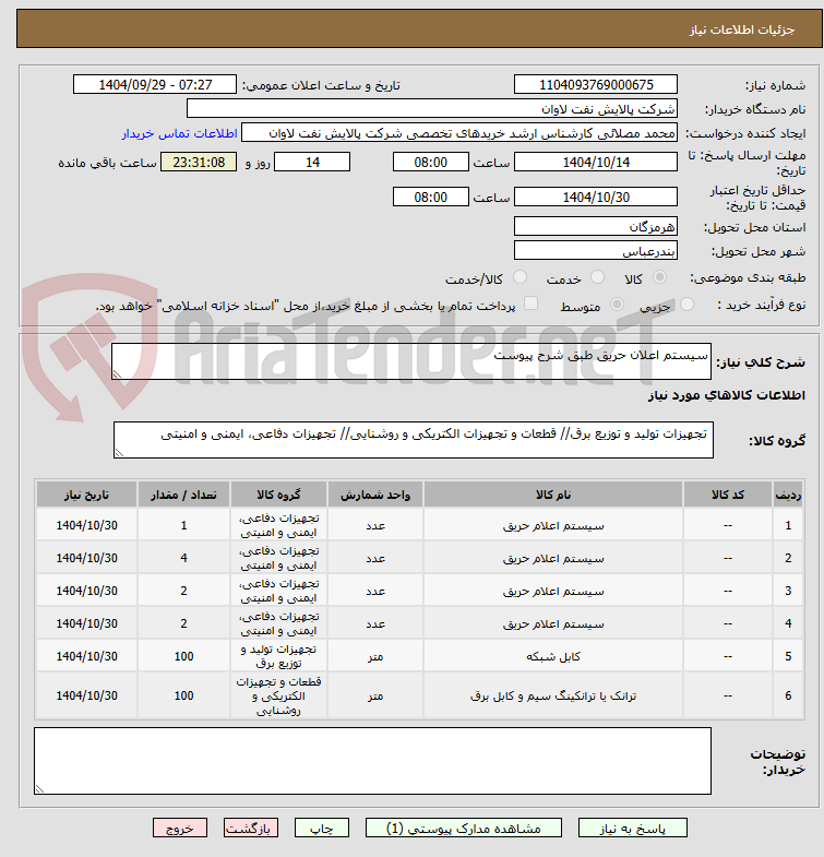 تصویر کوچک آگهی سیستم اعلان حریق طبق شرح پیوست
