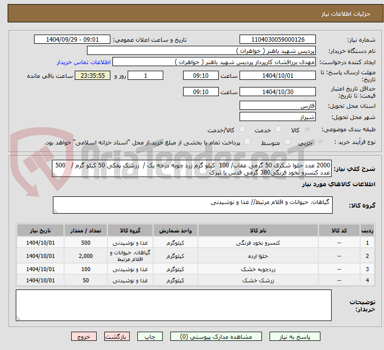 تصویر کوچک آگهی 2000 عدد حلوا شکری 50 گرمی عقاب/ 100  کیلو گرم زرد چوبه درجه یک /  زرشک پفکی 50 کیلو گرم /   500 عدد کنسرو نخود فرنگی380 گرمی قدس یا تبرک 