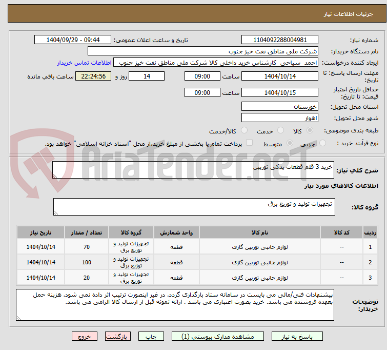 تصویر کوچک آگهی خرید 3 قلم قطعات یدکی توربین