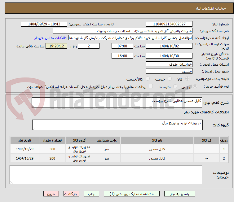 تصویر کوچک آگهی کابل مسی مطابق شرح پیوست