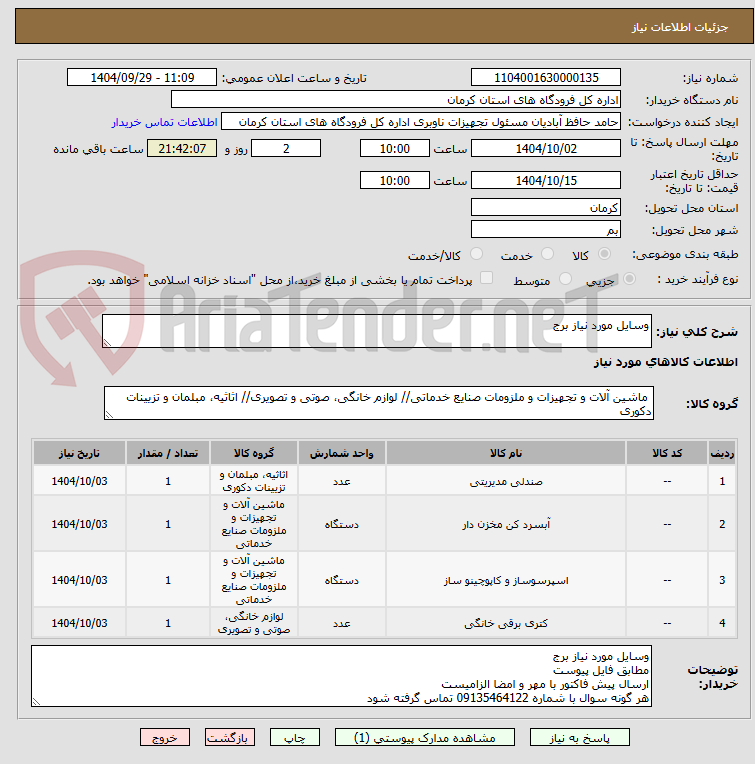 تصویر کوچک آگهی وسایل مورد نیاز برج