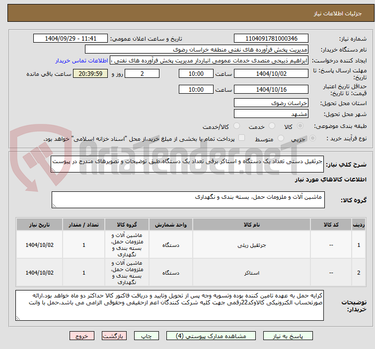 تصویر کوچک آگهی جرثقیل دستی تعداد یک دستگاه و استاکر برقی تعداد یک دستگاه،طبق توضیحات و تصویرهای مندرج در پیوست