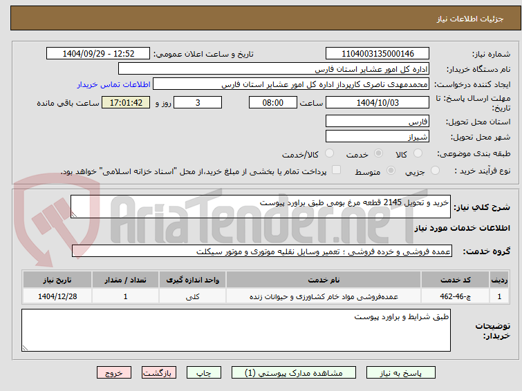 تصویر کوچک آگهی خرید و تحویل 2145 قطعه مرغ بومی طبق براورد پیوست
