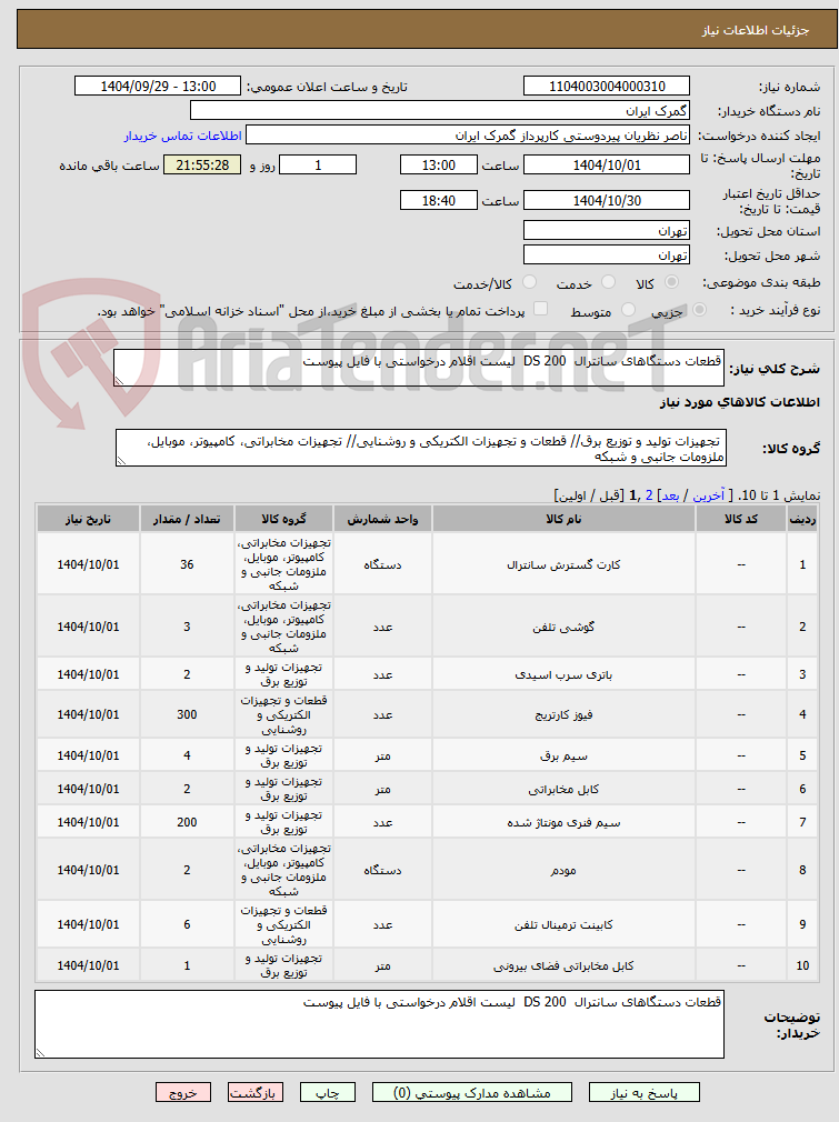 تصویر کوچک آگهی قطعات دستگاهای سانترال  DS 200  لیست اقلام درخواستی با فایل پیوست