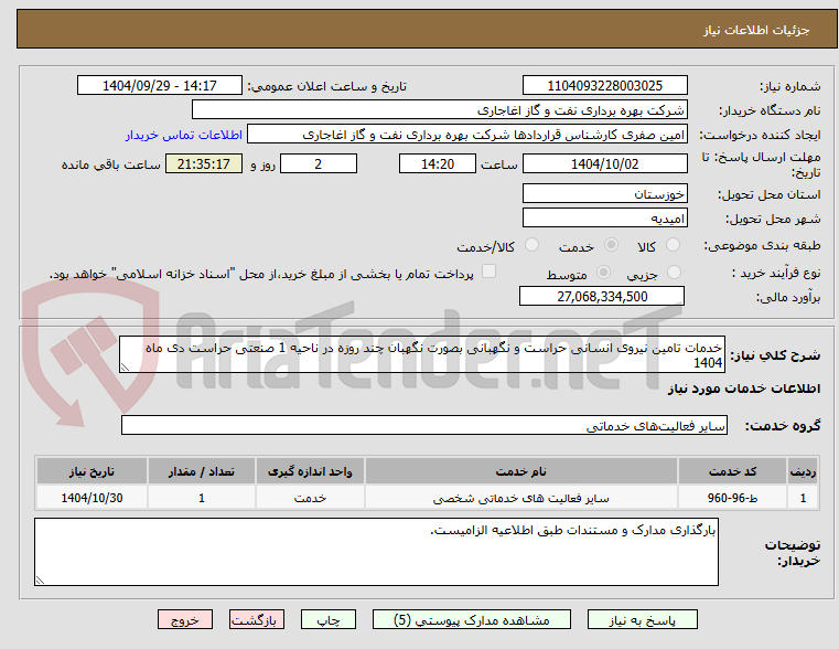 تصویر کوچک آگهی خدمات تامین نیروی انسانی حراست و نگهبانی بصورت نگهبان چند روزه در ناحیه 1 صنعتی حراست دی ماه 1404