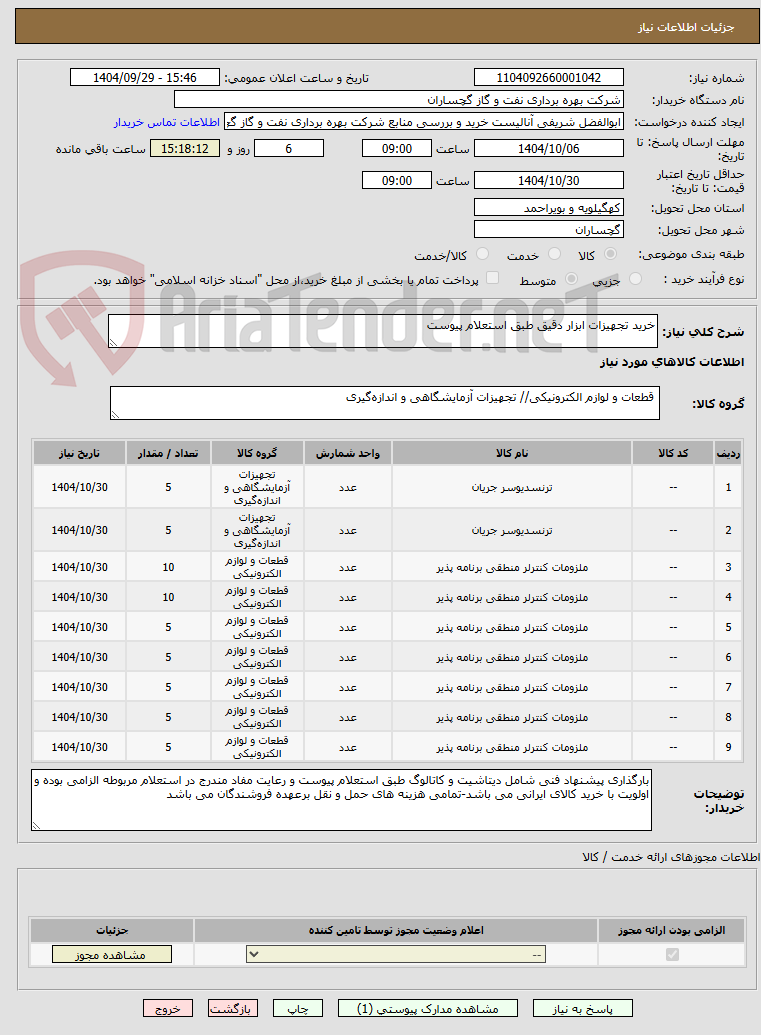 تصویر کوچک آگهی خرید تجهیزات ابزار دقیق طبق استعلام پیوست