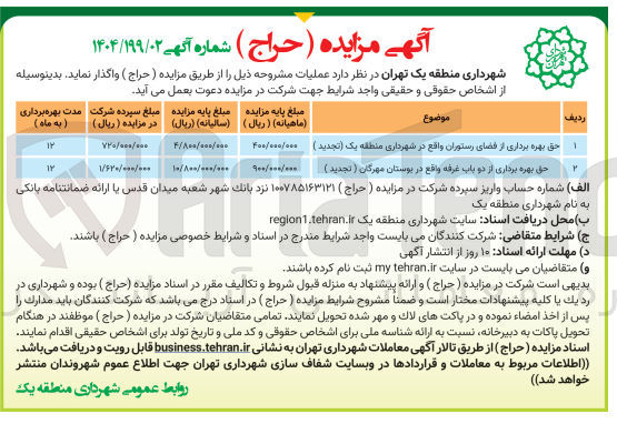 تصویر کوچک آگهی حق بهره برداری از فضای رستوران و حق بهره برداری از دو باب غرفه