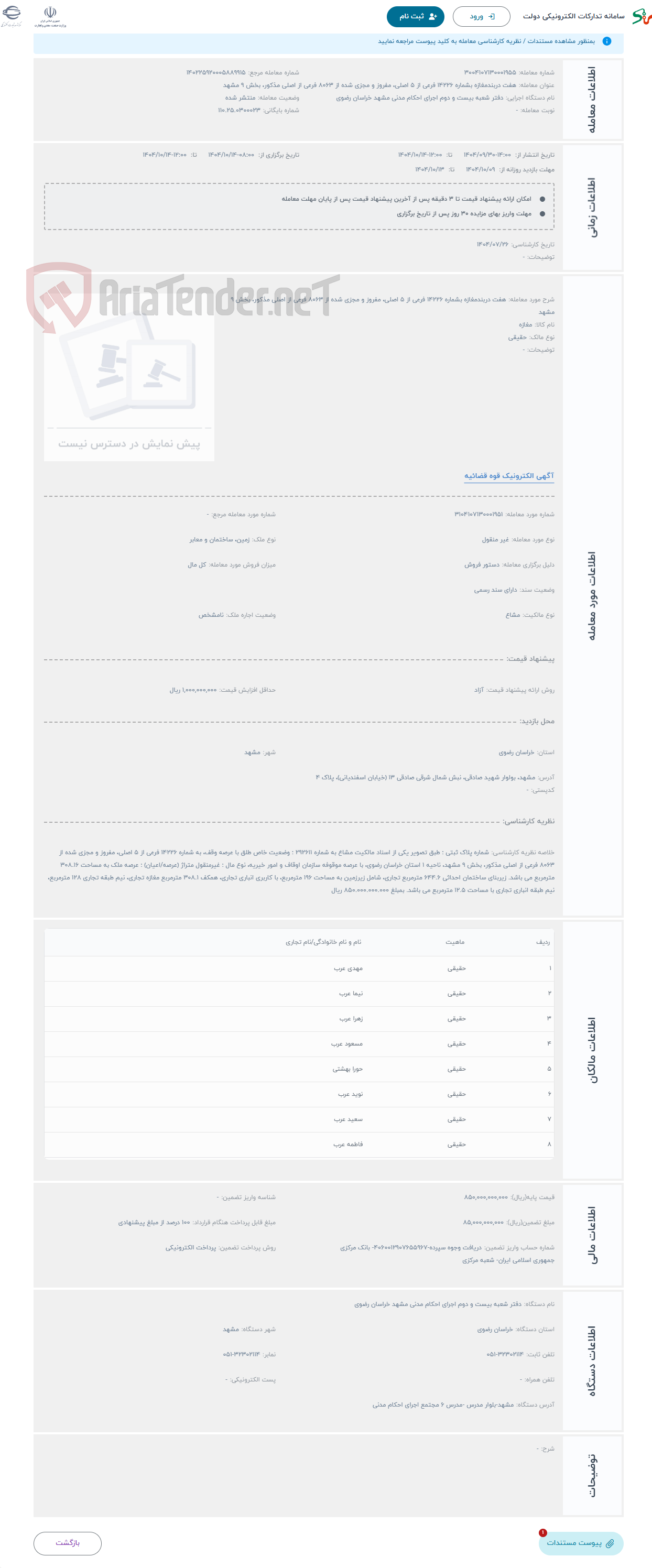 تصویر کوچک آگهی حراج هفت دربندمغازه بشماره 14226 فرعی از 5 اصلی، مفروز و مجزی شده از 8063 فرعی از اصلی مذکور، بخش 9 مشهد