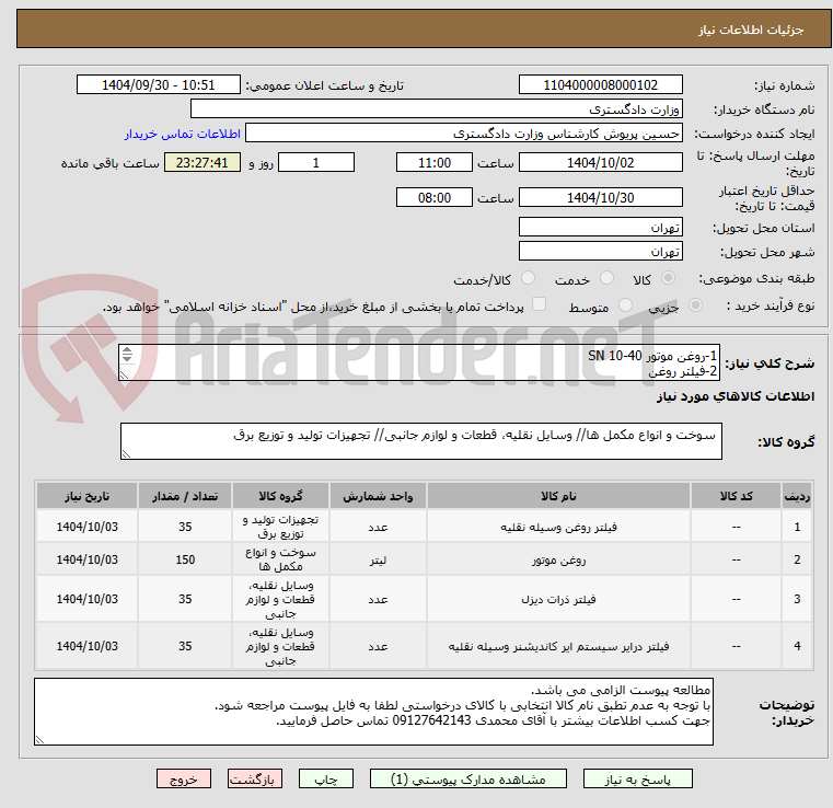 تصویر کوچک آگهی 1-روغن موتور 40-10 SN
2-فیلتر روغن
3-فیلتر کابین
4-فیلتر هوا