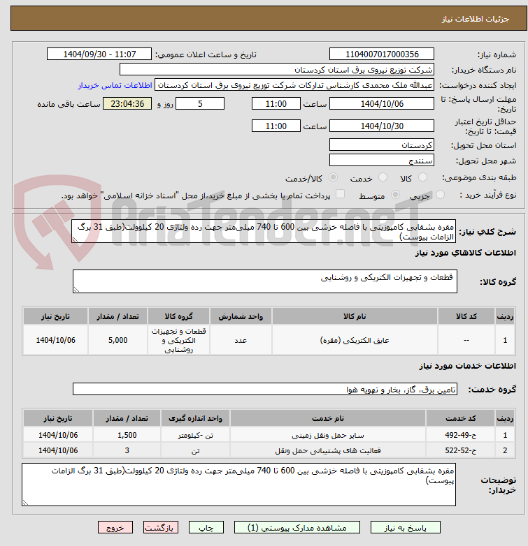 تصویر کوچک آگهی مقره بشقابی کامپوزیتی با فاصله خزشی بین 600 تا 740 میلی‌متر جهت رده ولتاژی 20 کیلو‌ولت(طبق 31 برگ الزامات پیوست)