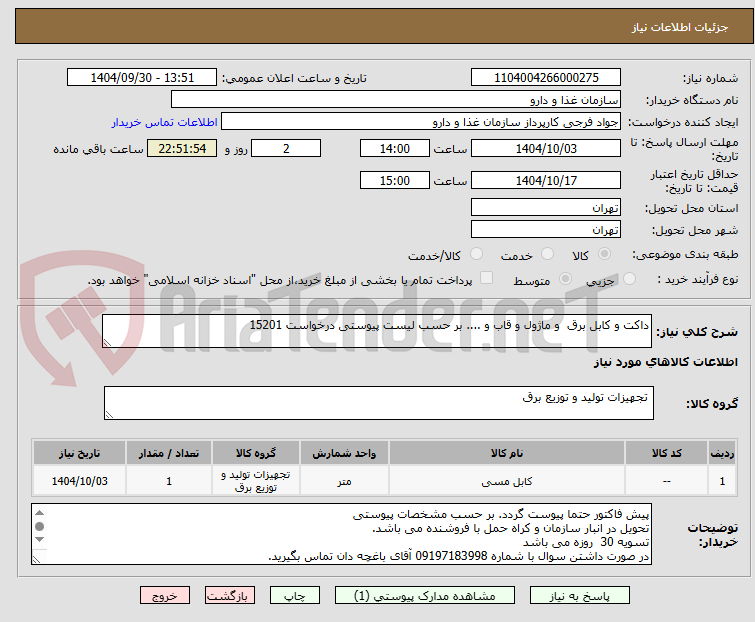 تصویر کوچک آگهی داکت و کابل برق  و ماژول و قاب و .... بر حسب لیست پیوستی درخواست 15201