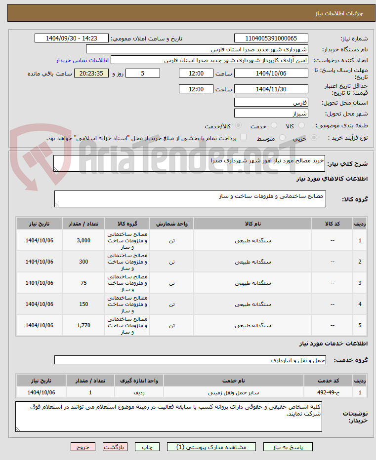تصویر کوچک آگهی خرید مصالح مورد نیاز امور شهر شهرداری صدرا