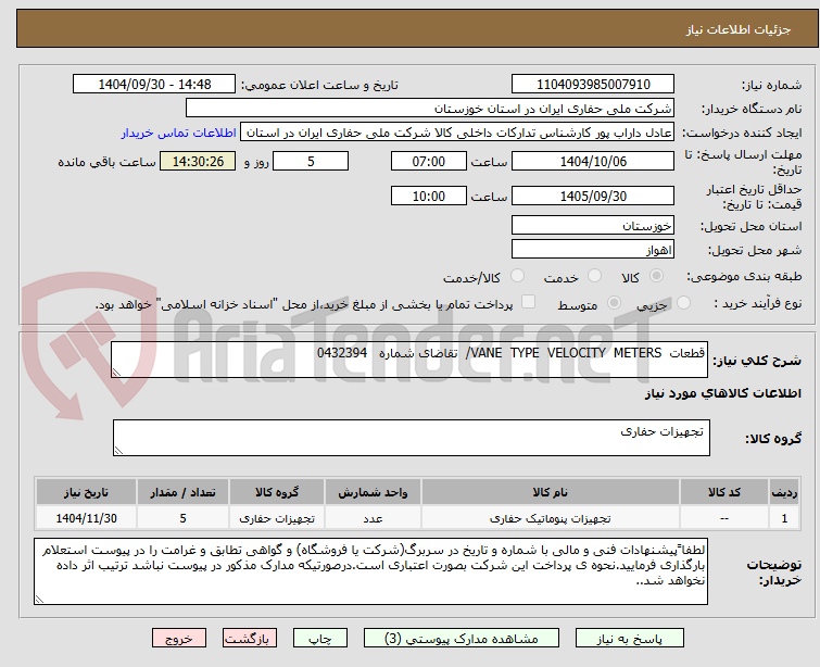 تصویر کوچک آگهی قطعات VANE TYPE VELOCITY METERS/ تقاضای شماره 0432394