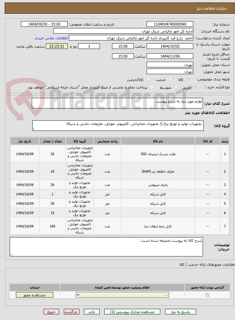 تصویر کوچک آگهی لوازم مورد نیاز به شرح پیوست 
