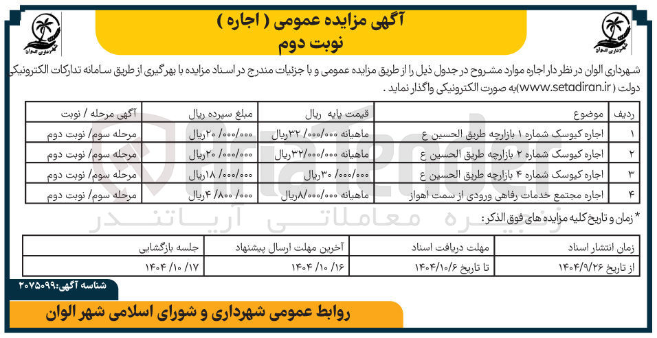 تصویر کوچک آگهی اجاره کیوسک شماره ۱
