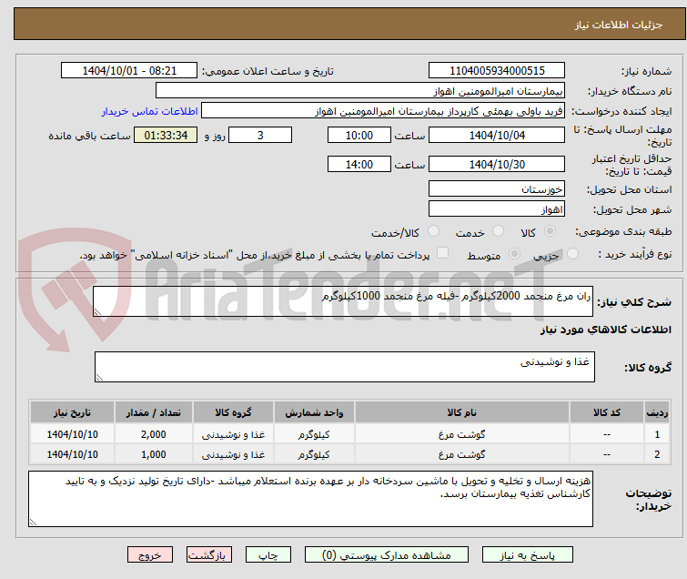 تصویر کوچک آگهی ران مرغ منجمد 2000کیلوگرم -فیله مرغ منجمد 1000کیلوگرم