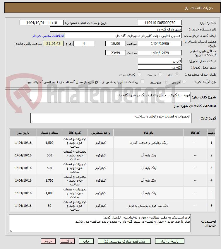 تصویر کوچک آگهی تهیه ، بارگیری ، حمل و تخلیه رنگ در شهر گله دار