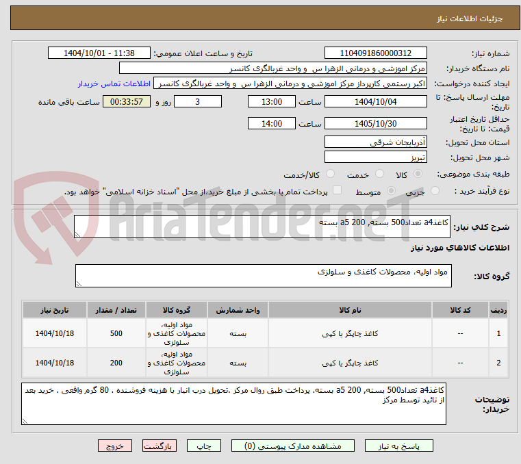 تصویر کوچک آگهی کاغذa4 تعداد500 بسته, a5 200 بسته