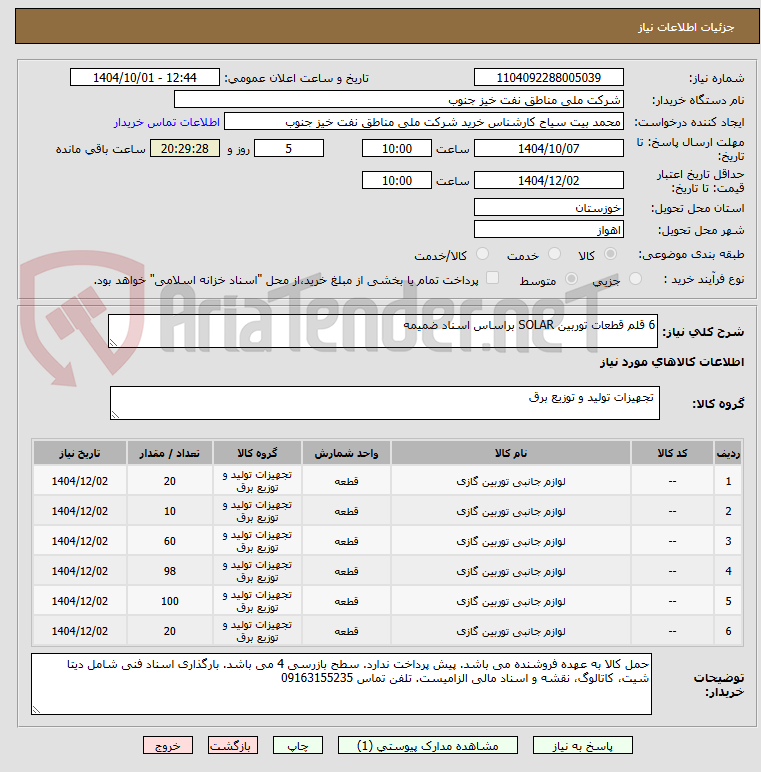 تصویر کوچک آگهی 6 قلم قطعات توربین SOLAR براساس اسناد ضمیمه