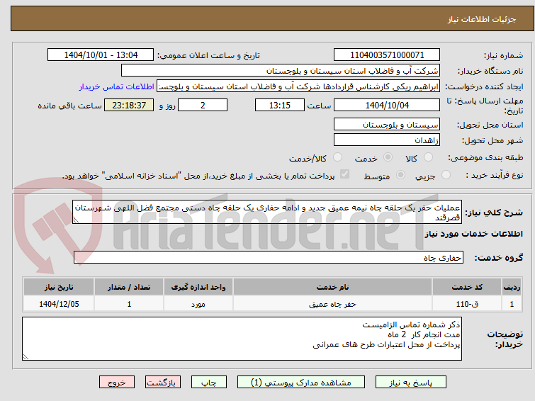 تصویر کوچک آگهی عملیات حفر یک حلقه چاه نیمه عمیق جدید و ادامه حفاری یک حلقه چاه دستی مجتمع فضل اللهی شهرستان قصرقند